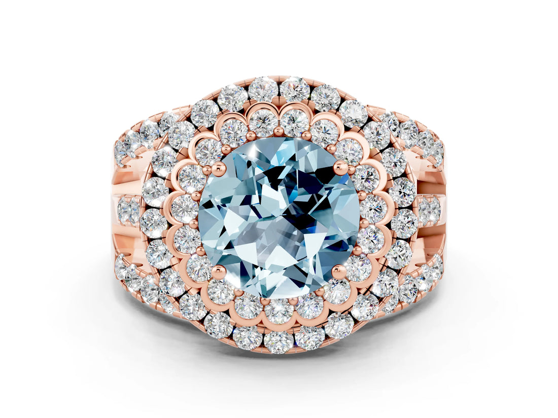 Rose gold Double Halo Round Cut Diamond Split Shank Pave Set Ring