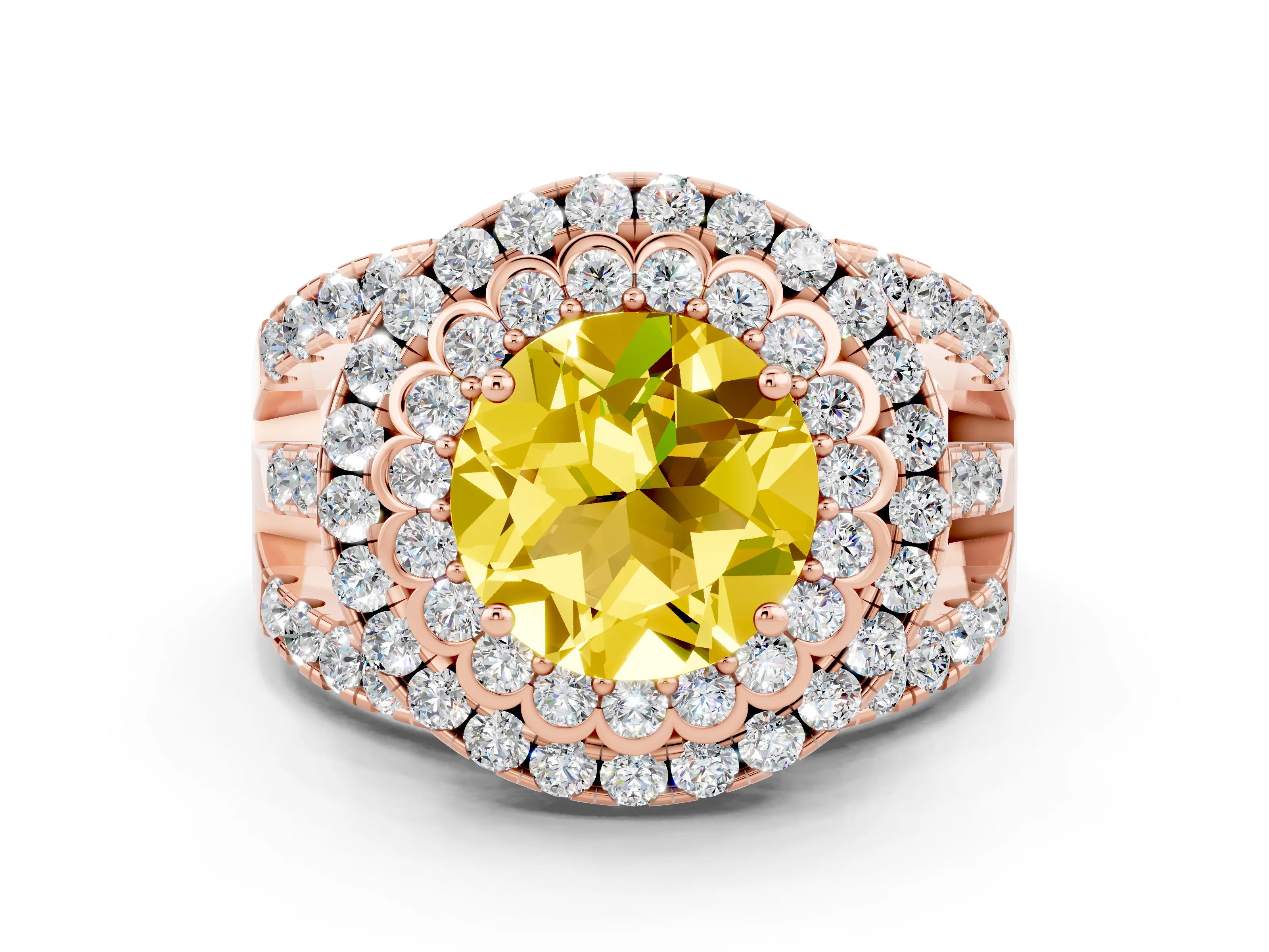 Rose gold Double Halo Round Cut Diamond Split Shank Pave Set Ring