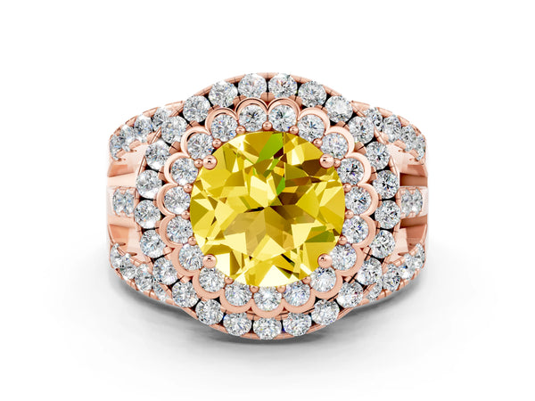 Rose gold Round Cut Yellow Sapphire Double Halo Ring with Round Pavé Split Shank and Prong Setting