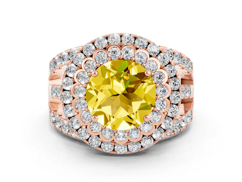Rose gold Double Halo Round Cut Diamond Split Shank Pave Set Ring