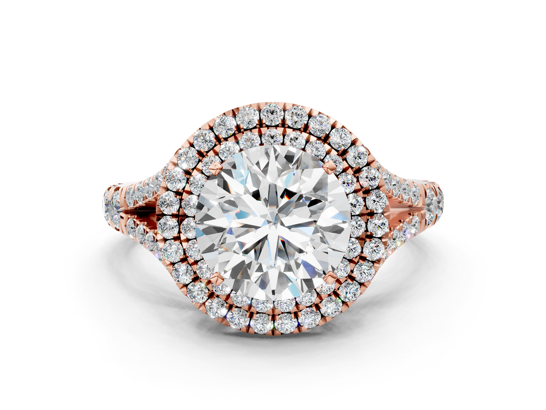Rose gold Double Halo Round Cut Diamond Split Shank Ring with Four Prong Setting_82
