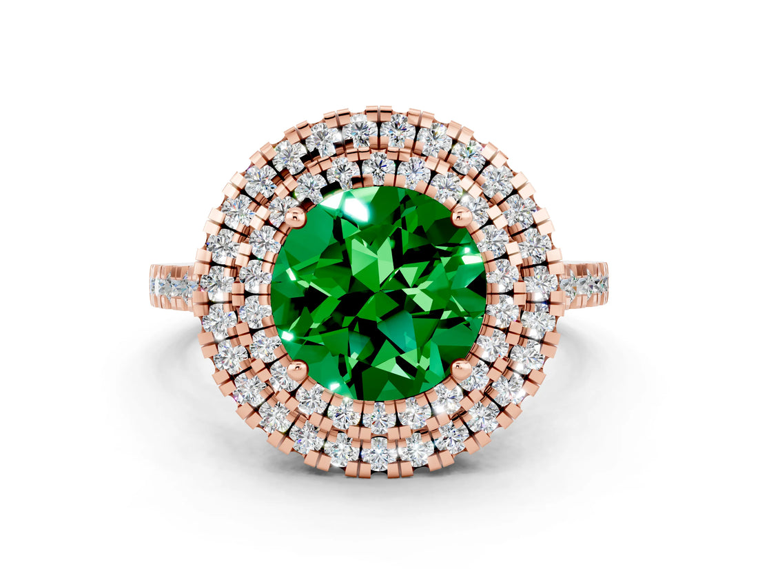 Rose gold Double Halo Round Cut Emerald Pavé Band with Four-Prong Setting