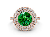 Rose gold Double Halo Round Cut Emerald Pavé Band with Four-Prong Setting