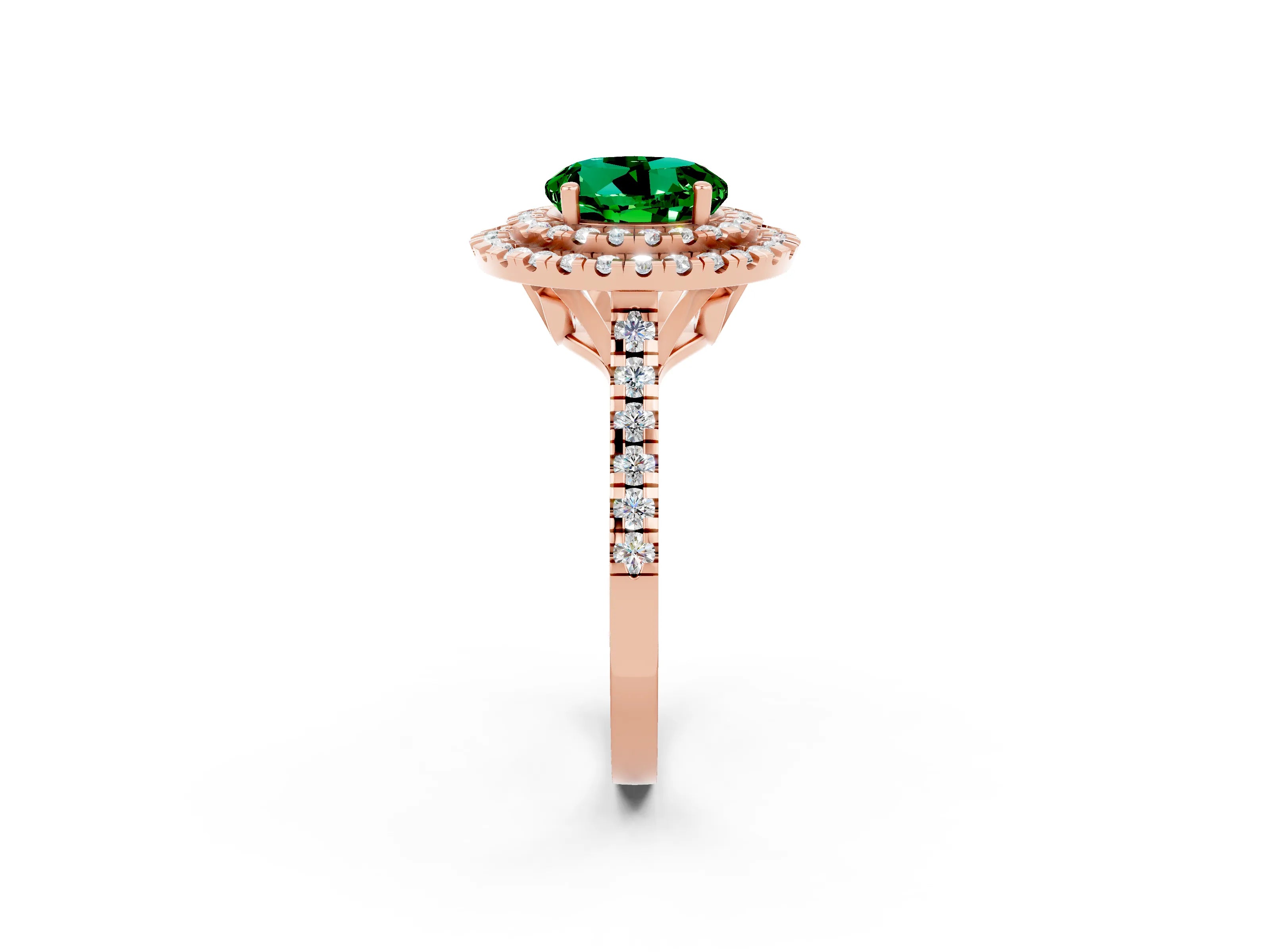 Rose gold Double Halo Round Cut Emerald Pavé Band with Four-Prong Setting_2