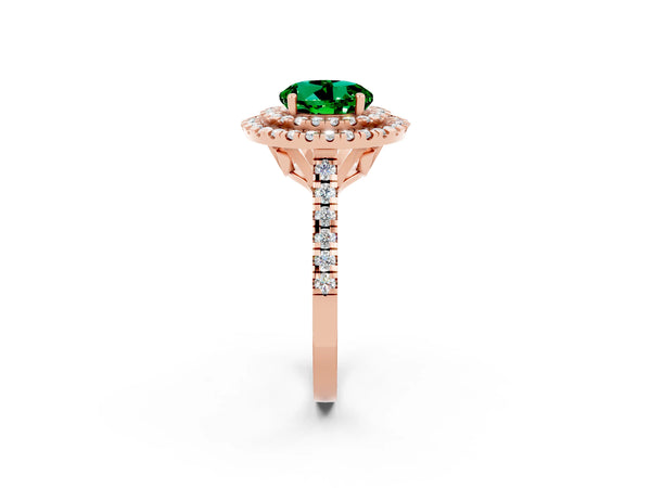 Rose gold Double Halo Round Cut Emerald Pavé Band with Four-Prong Setting