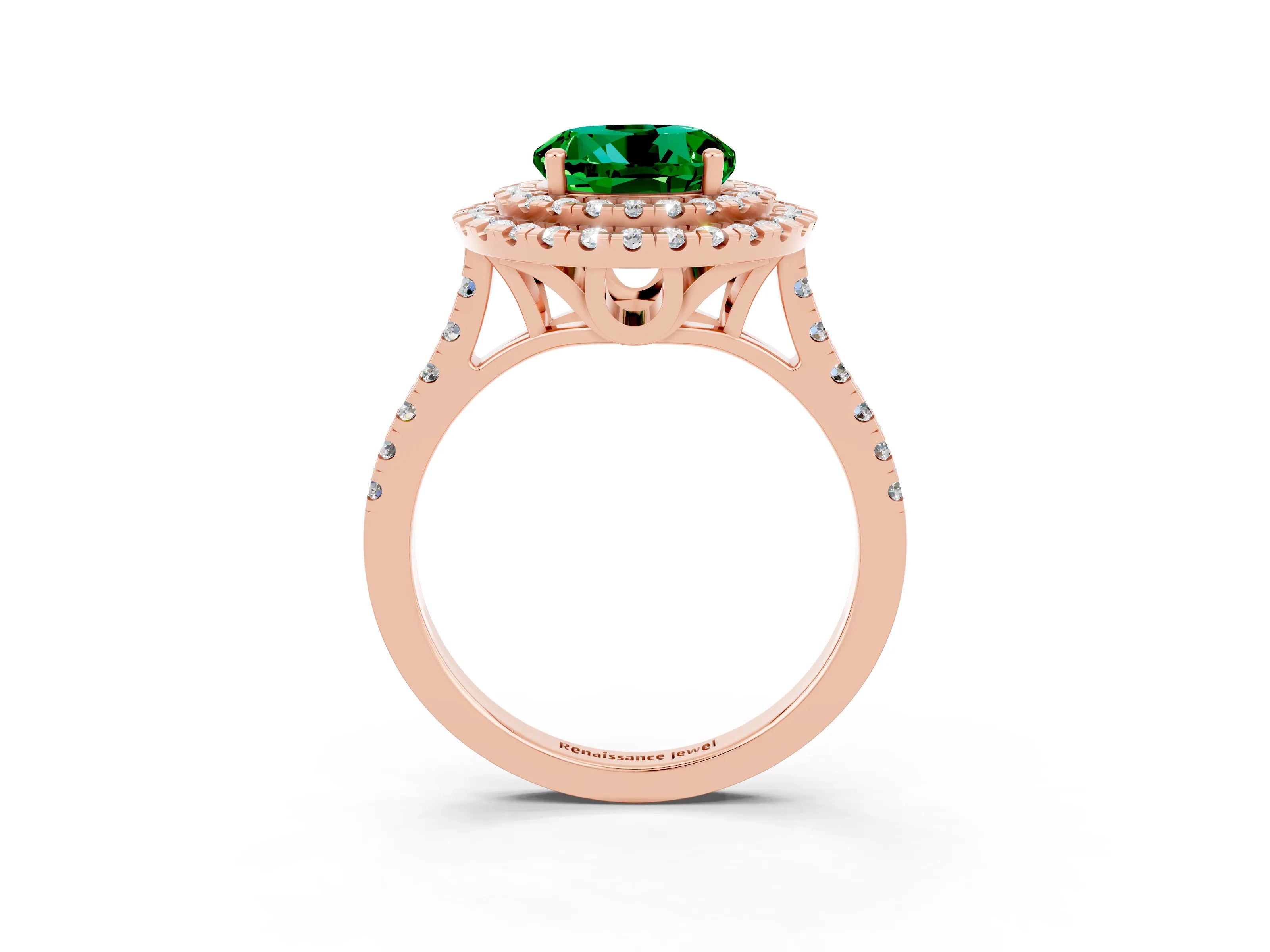 Rose gold Double Halo Round Cut Emerald Pavé Band with Four-Prong Setting_3