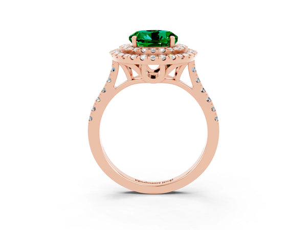 Rose gold Double Halo Round Cut Emerald Pavé Band with Four-Prong Setting