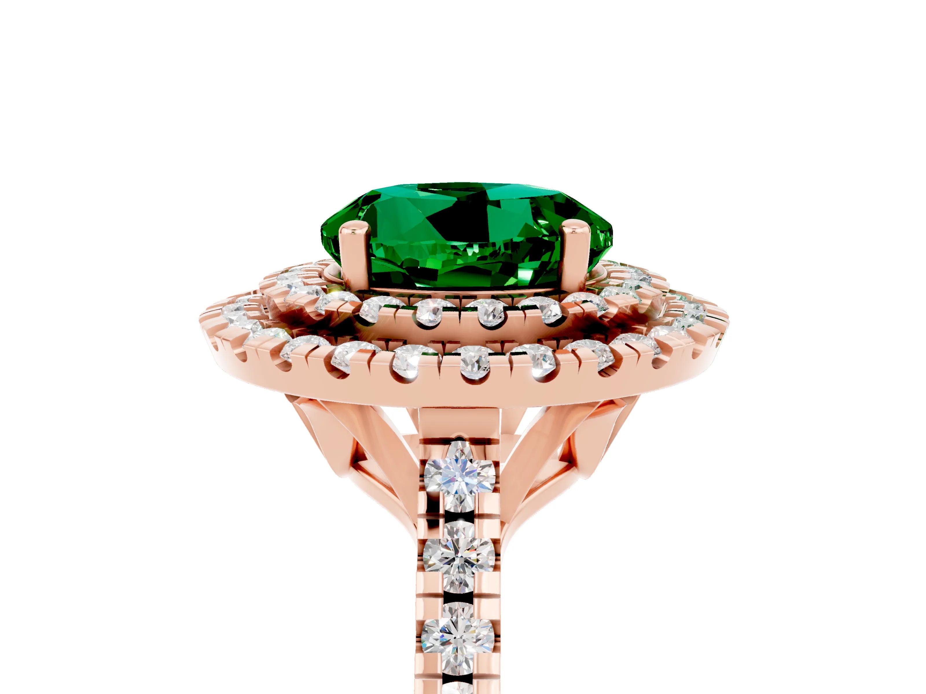 Rose gold Double Halo Round Cut Emerald Pavé Band with Four-Prong Setting_5
