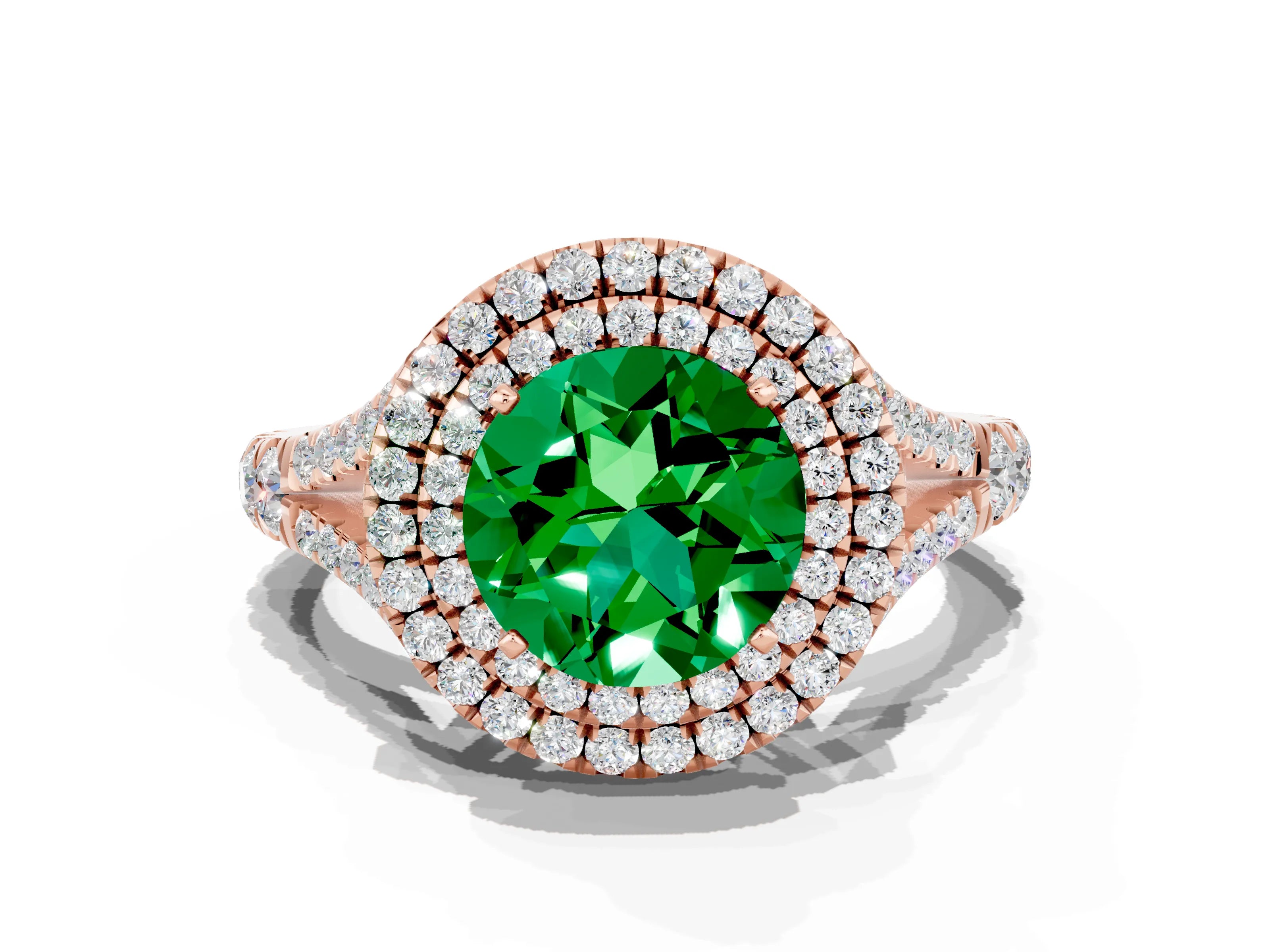 Rose gold Double Halo Round Cut Emerald Pavé Split Shank Ring with Prong Setting