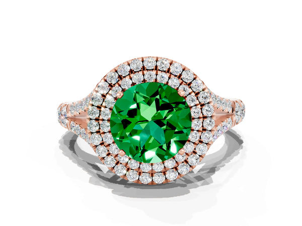 Rose gold Double Halo Round Cut Emerald Pavé Split Shank Ring with Prong Setting