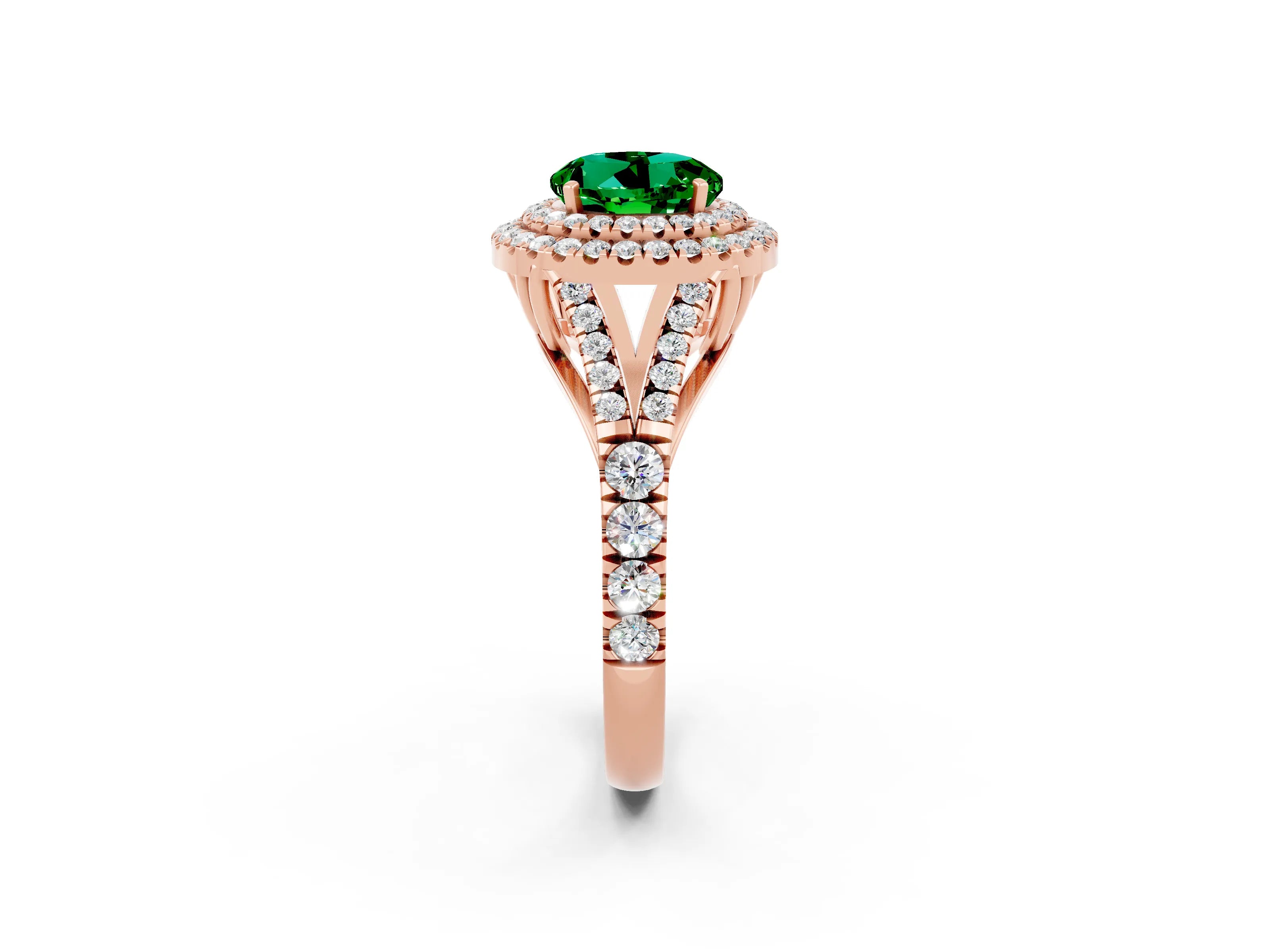 Rose gold Double Halo Round Cut Emerald Pavé Split Shank Ring with Prong Setting_2