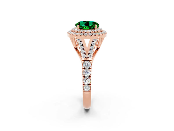 Rose gold Double Halo Round Cut Emerald Pavé Split Shank Ring with Prong Setting