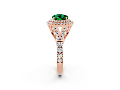 Rose gold Double Halo Round Cut Emerald Pavé Split Shank Ring with Prong Setting_2