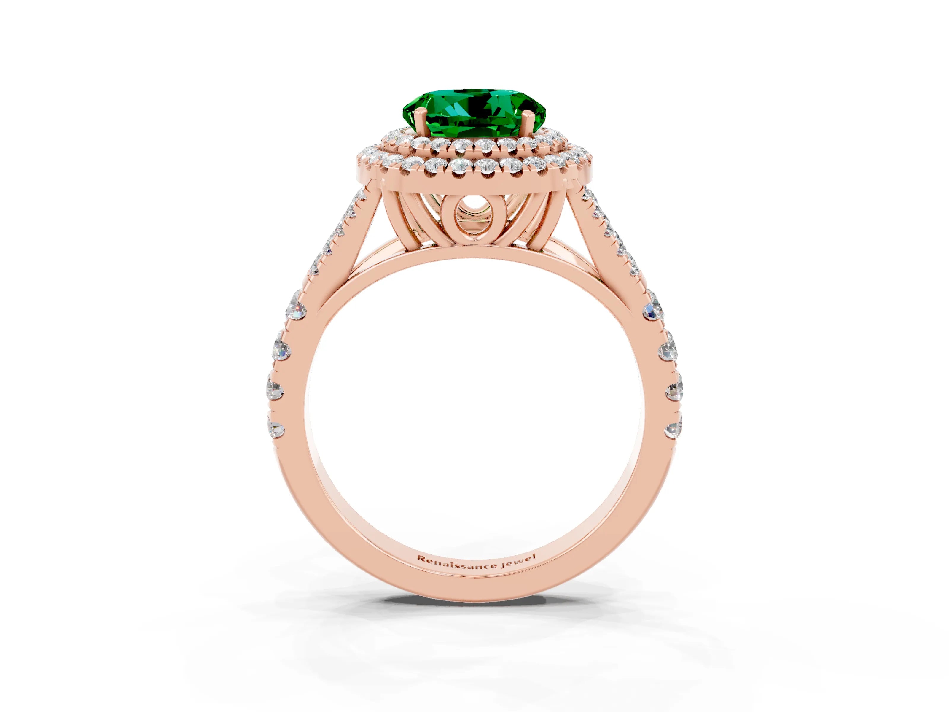 Rose gold Double Halo Round Cut Emerald Pavé Split Shank Ring with Prong Setting_3
