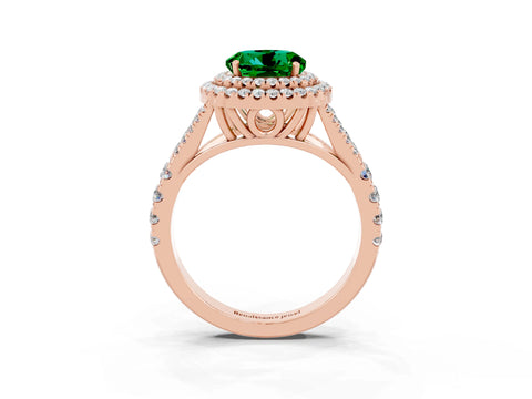 Rose gold Double Halo Round Cut Emerald Pavé Split Shank Ring with Prong Setting_3
