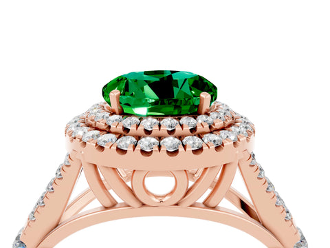 Rose gold Double Halo Round Cut Emerald Pavé Split Shank Ring with Prong Setting_4