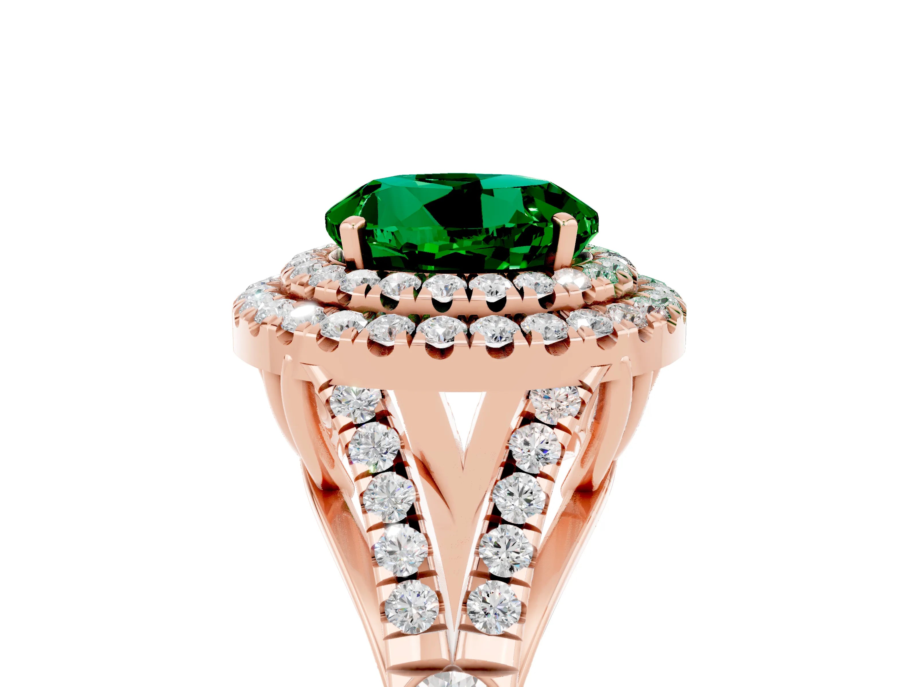 Rose gold Double Halo Round Cut Emerald Pavé Split Shank Ring with Prong Setting_5