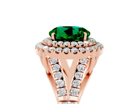 Rose gold Double Halo Round Cut Emerald Pavé Split Shank Ring with Prong Setting_5