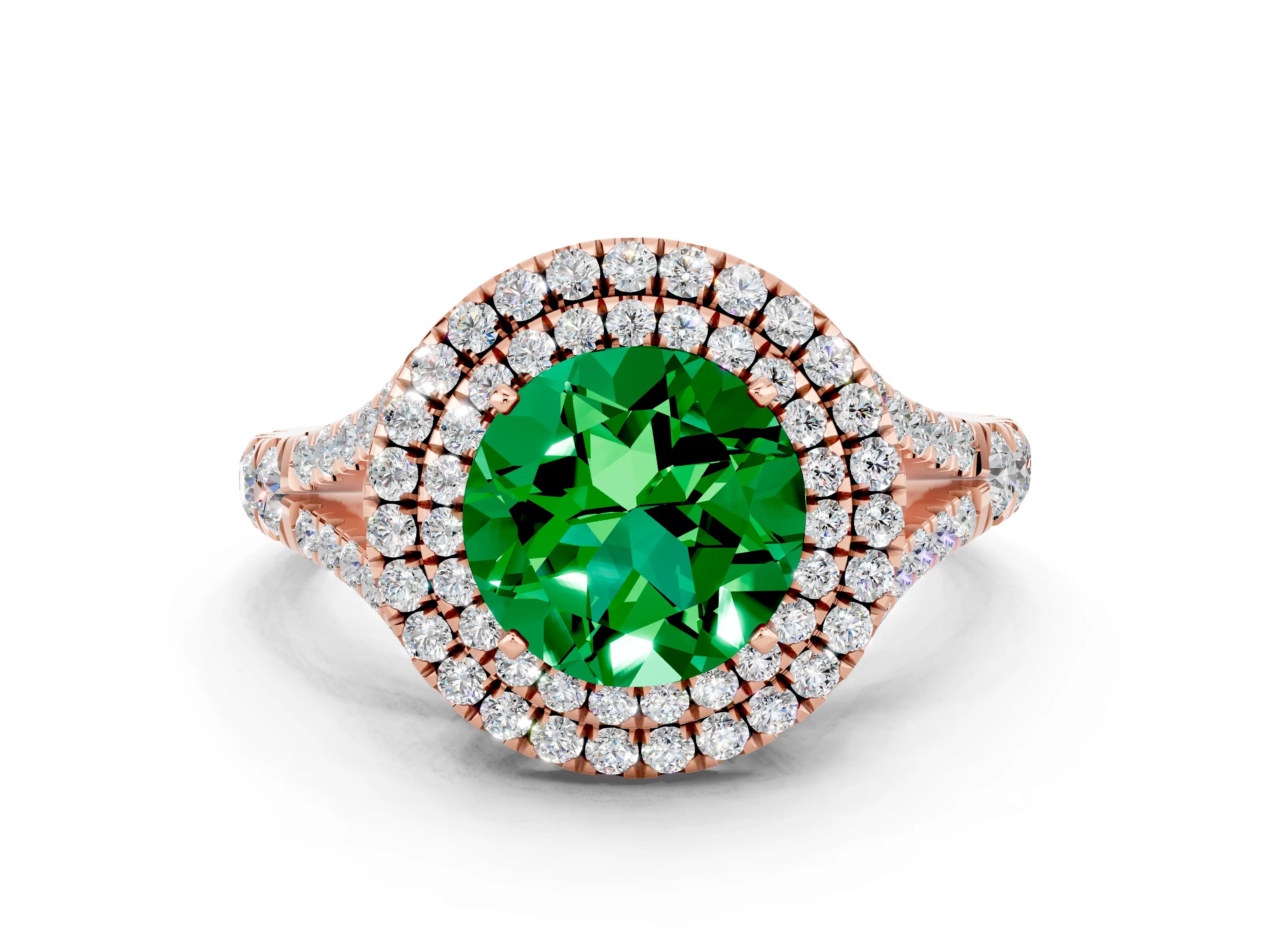 Rose gold Double Halo Round Cut Emerald Split Shank Engagement Ring with Four-Prong Setting