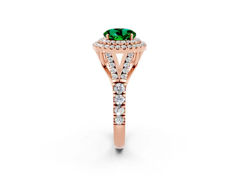 Rose gold Double Halo Round Cut Emerald Split Shank Engagement Ring with Four-Prong Setting_2