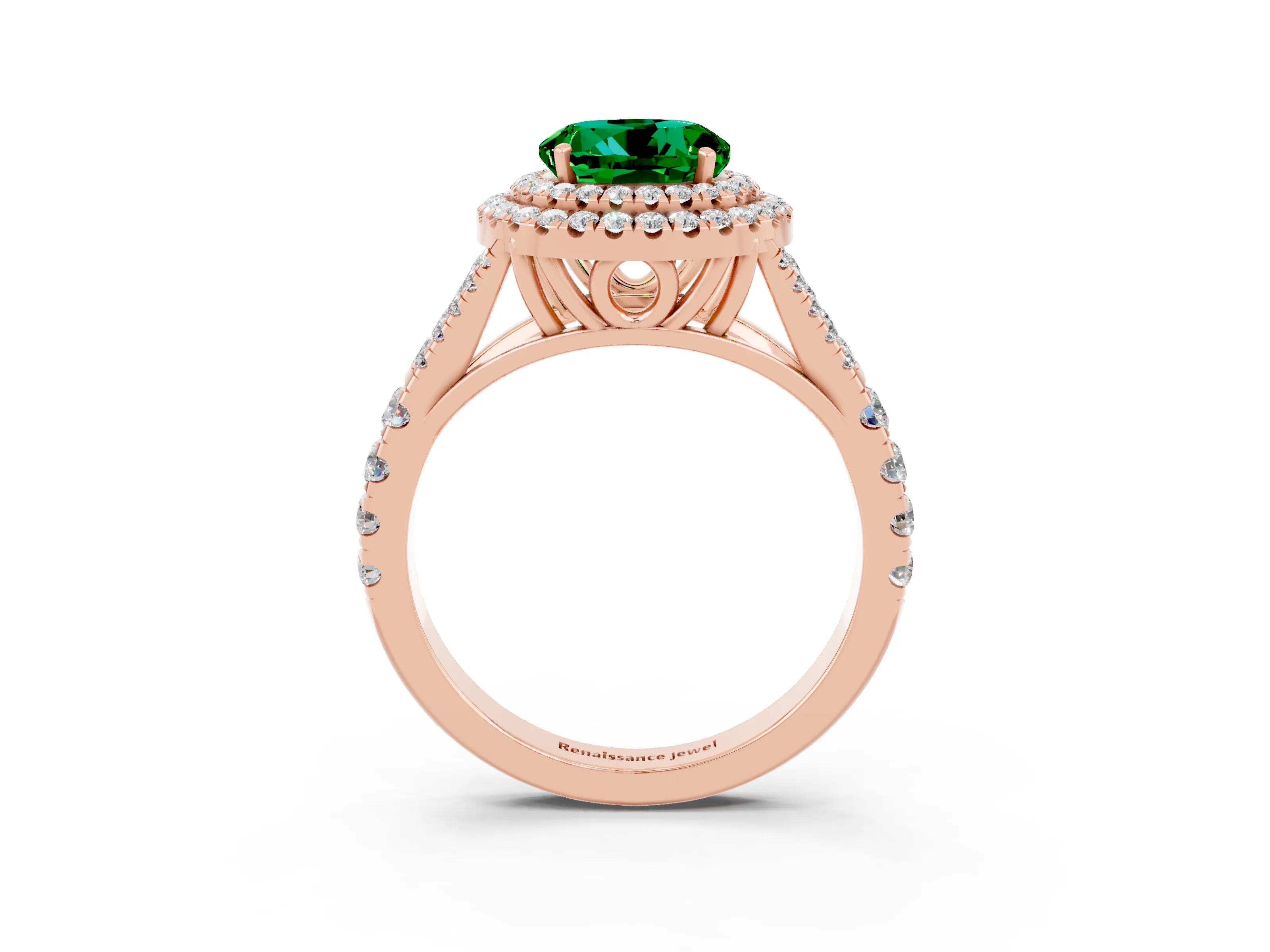Rose gold Double Halo Round Cut Emerald Split Shank Engagement Ring with Four-Prong Setting_3