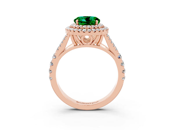 Rose gold Double Halo Round Cut Emerald Split Shank Engagement Ring with Four-Prong Setting