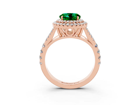 Rose gold Double Halo Round Cut Emerald Split Shank Engagement Ring with Four-Prong Setting_3