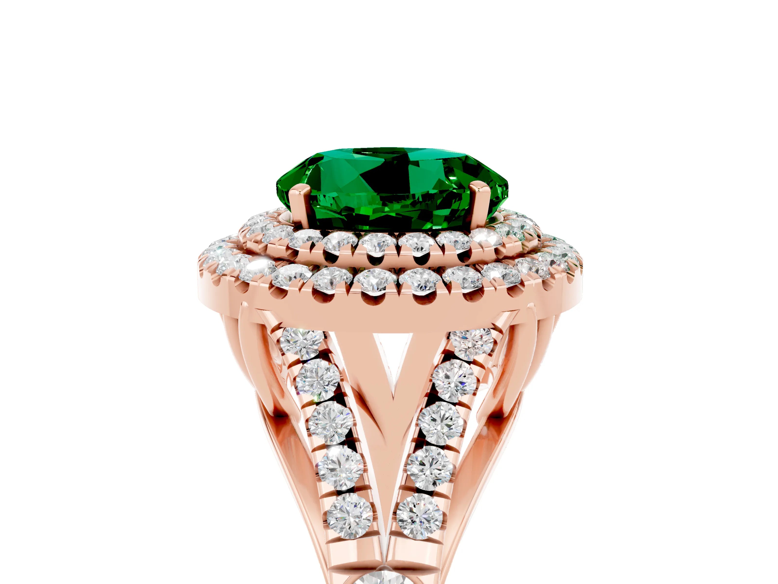 Rose gold Double Halo Round Cut Emerald Split Shank Engagement Ring with Four-Prong Setting_5