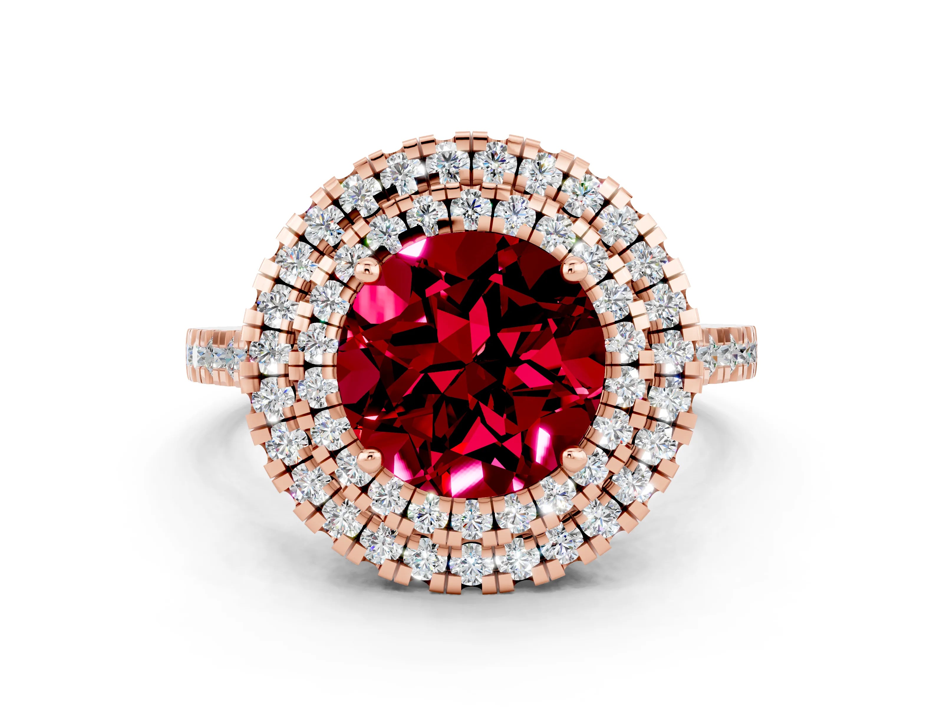 Rose gold Double Halo Round Cut Garnet Pavé Band with Four-Prong Setting