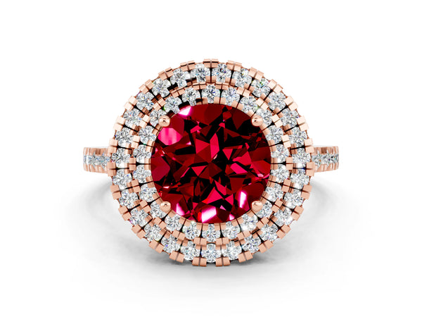 Rose gold Double Halo Round Cut Garnet Pavé Band with Four-Prong Setting
