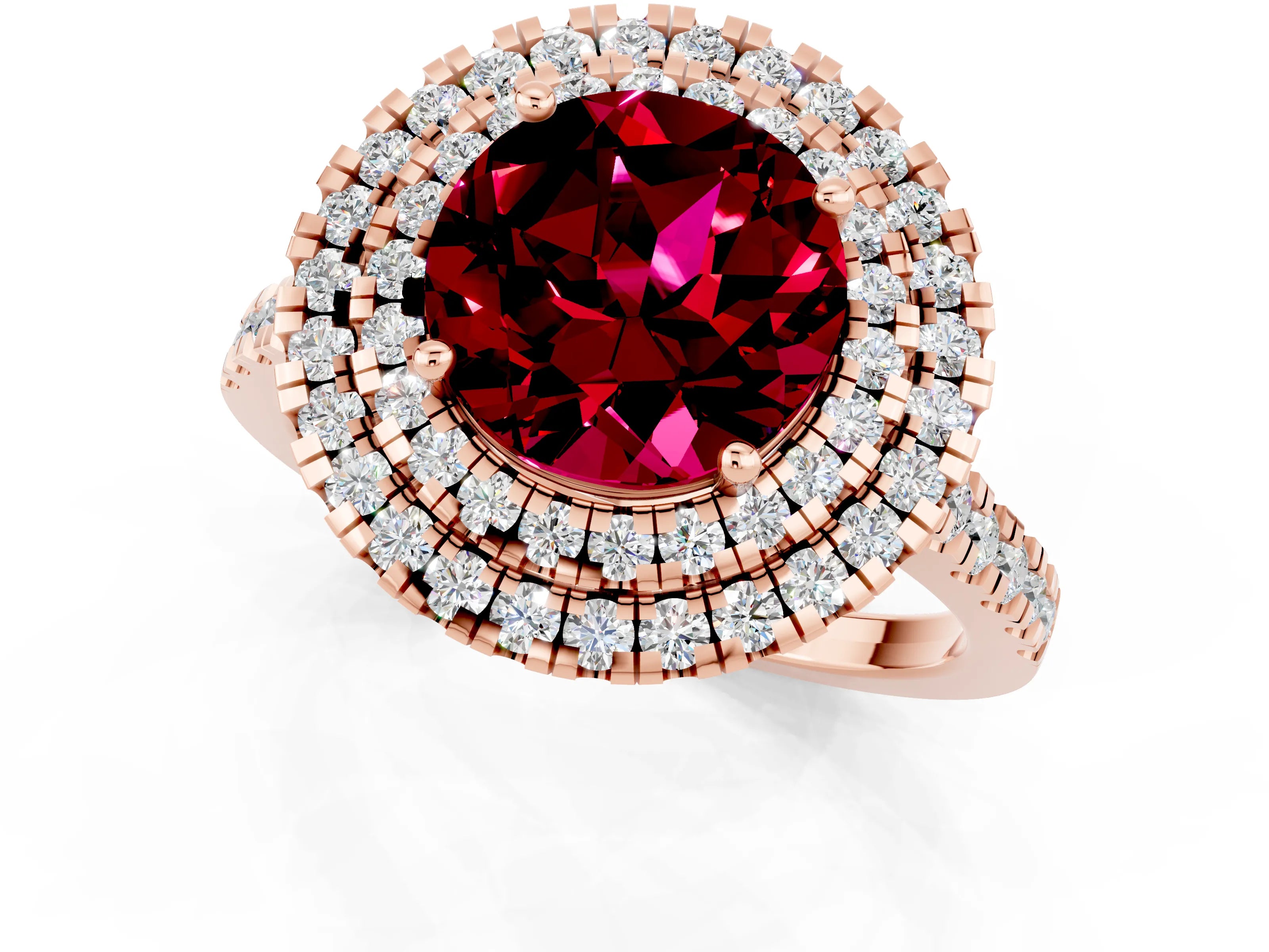 Rose gold Double Halo Round Cut Garnet Pavé Band with Four-Prong Setting_1