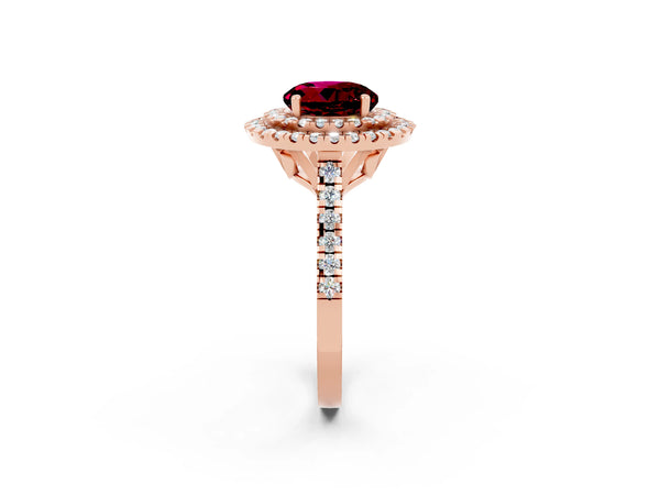 Rose gold Double Halo Round Cut Garnet Pavé Band with Four-Prong Setting