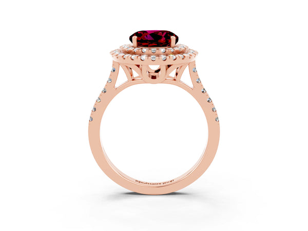 Rose gold Double Halo Round Cut Garnet Pavé Band with Four-Prong Setting