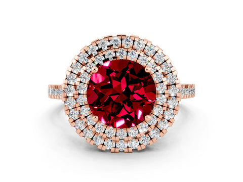 Rose gold Double Halo Round Cut Garnet Pavé Band with Four-Prong Setting