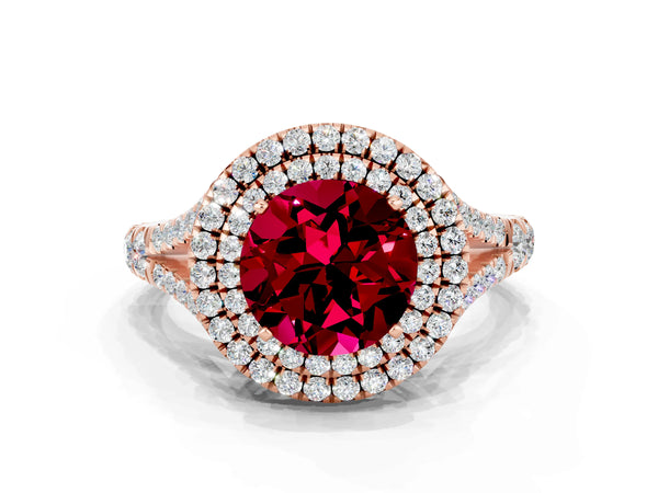Rose gold Double Halo Round Cut Garnet Pavé Split Shank Ring with Prong Setting