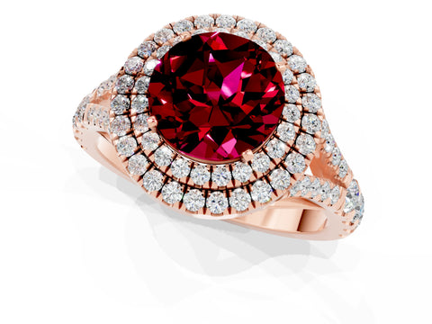 Rose gold Double Halo Round Cut Garnet Pavé Split Shank Ring with Prong Setting_1