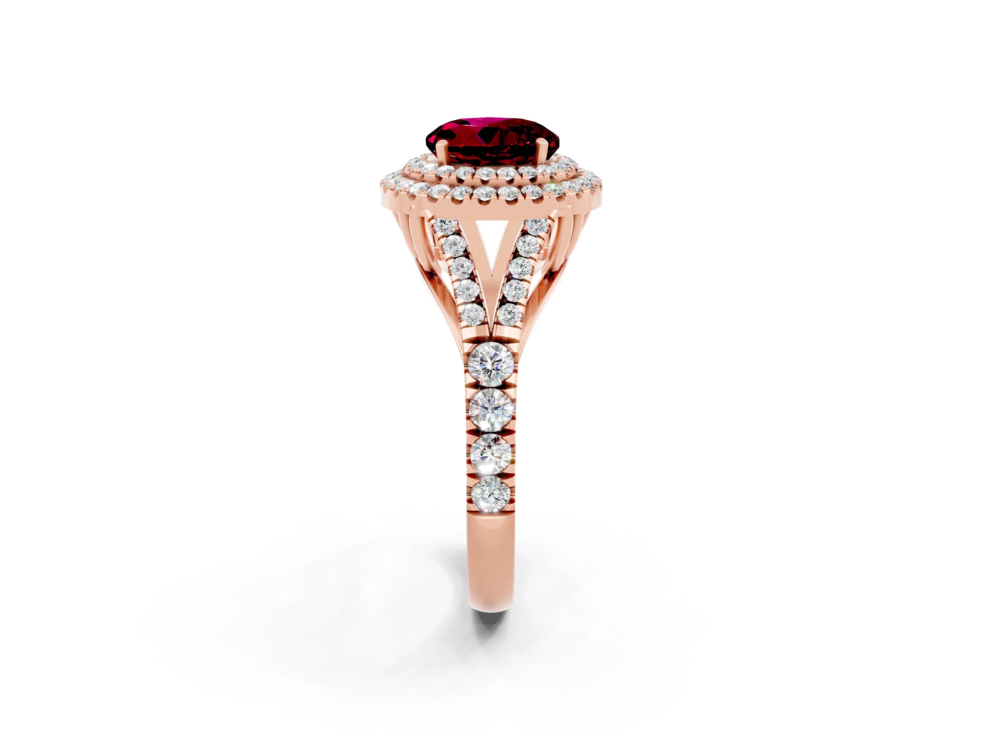 Rose gold Double Halo Round Cut Garnet Pavé Split Shank Ring with Prong Setting_2