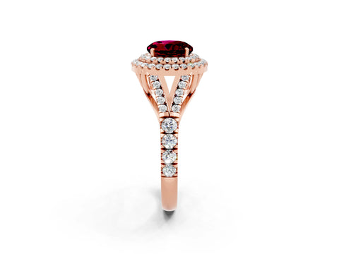 Rose gold Double Halo Round Cut Garnet Pavé Split Shank Ring with Prong Setting_2