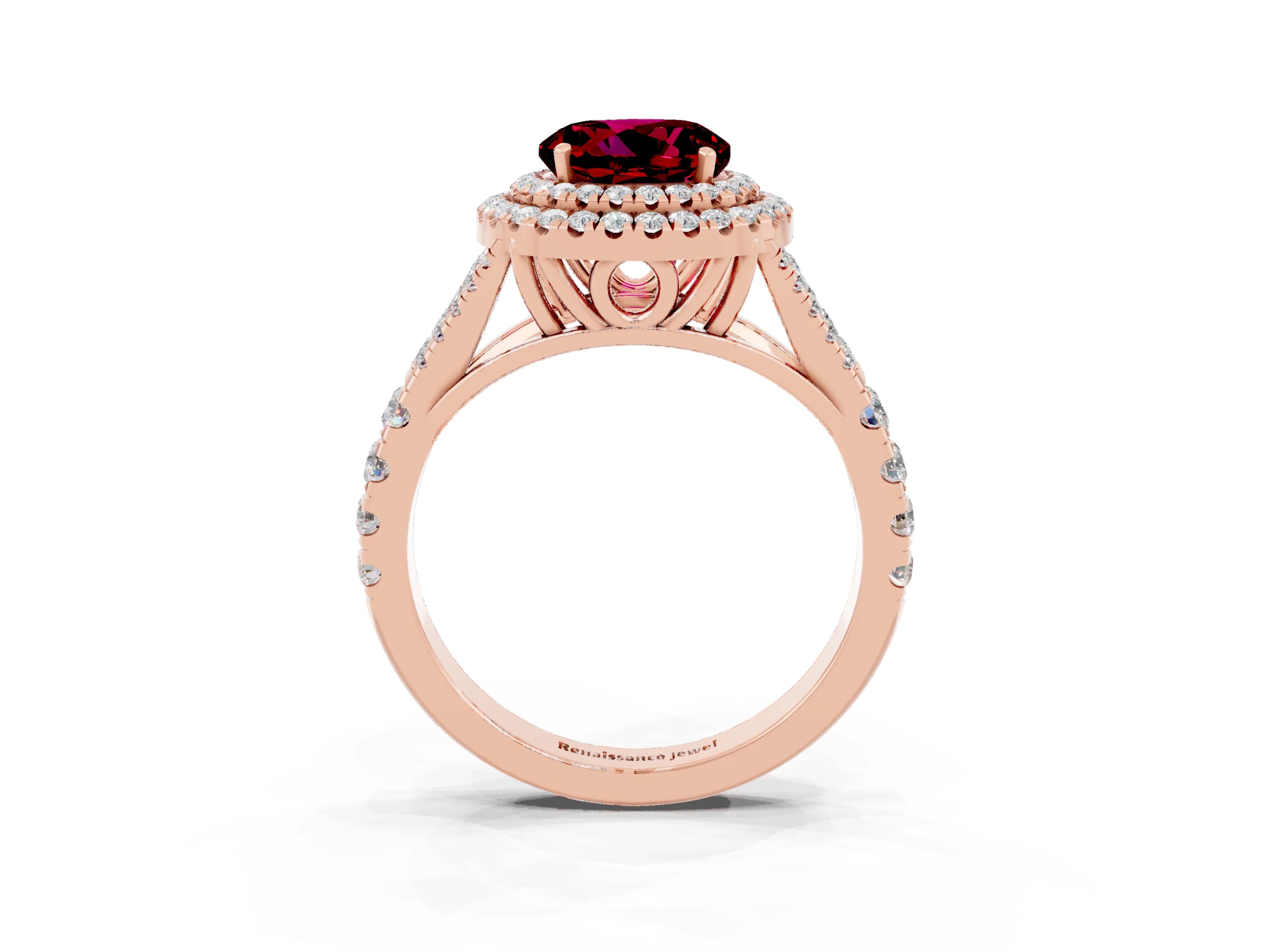 Rose gold Double Halo Round Cut Garnet Pavé Split Shank Ring with Prong Setting_3