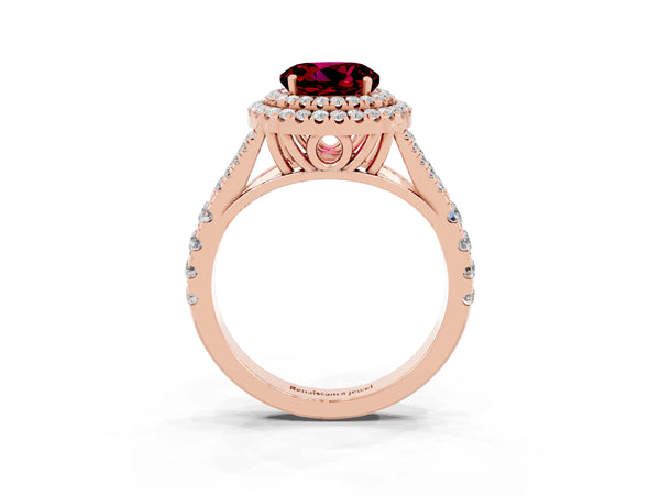 Rose gold Double Halo Round Cut Garnet Pavé Split Shank Ring with Prong Setting