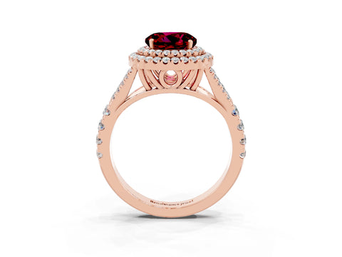 Rose gold Double Halo Round Cut Garnet Pavé Split Shank Ring with Prong Setting_3