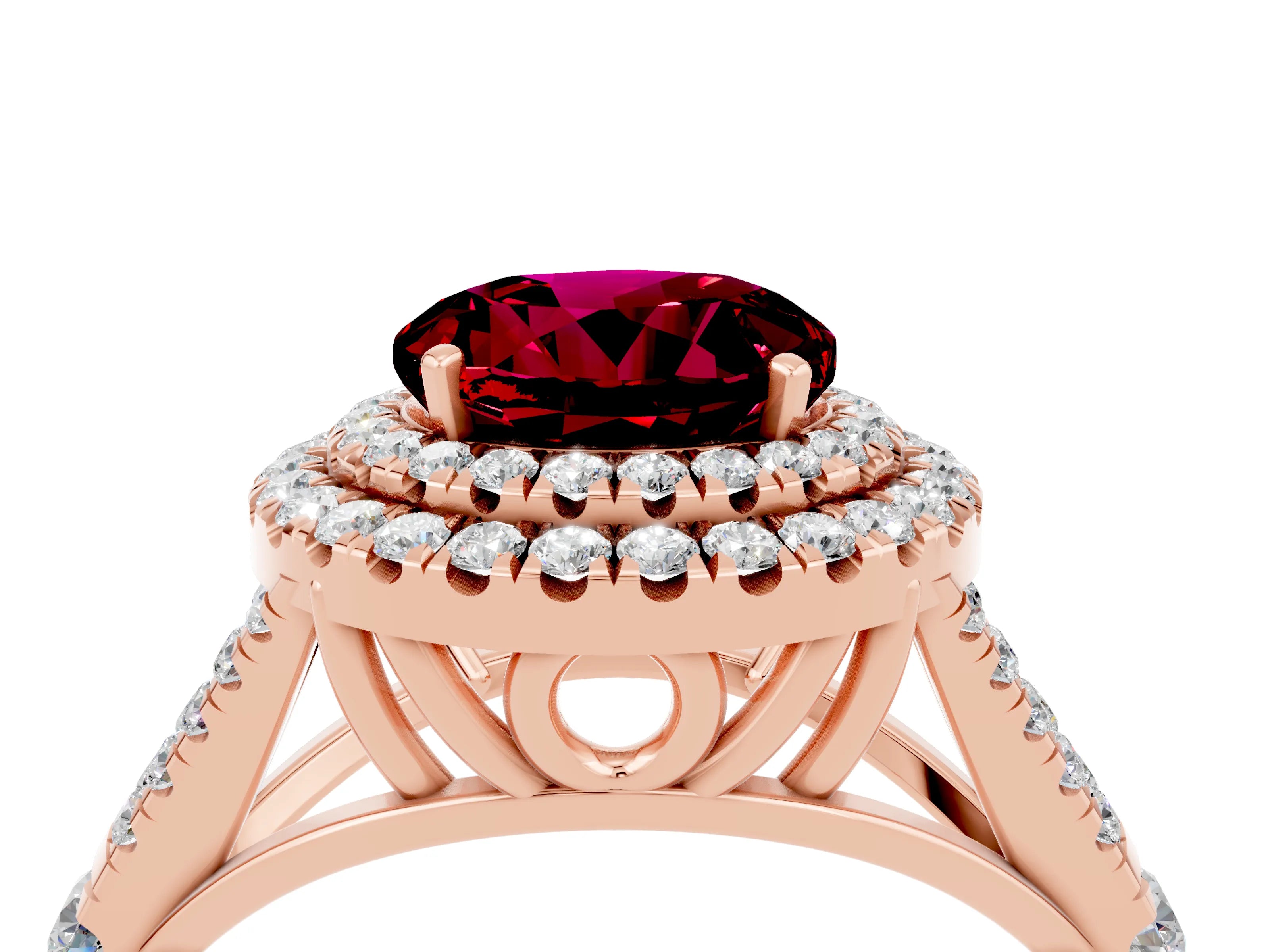 Rose gold Double Halo Round Cut Garnet Pavé Split Shank Ring with Prong Setting_4