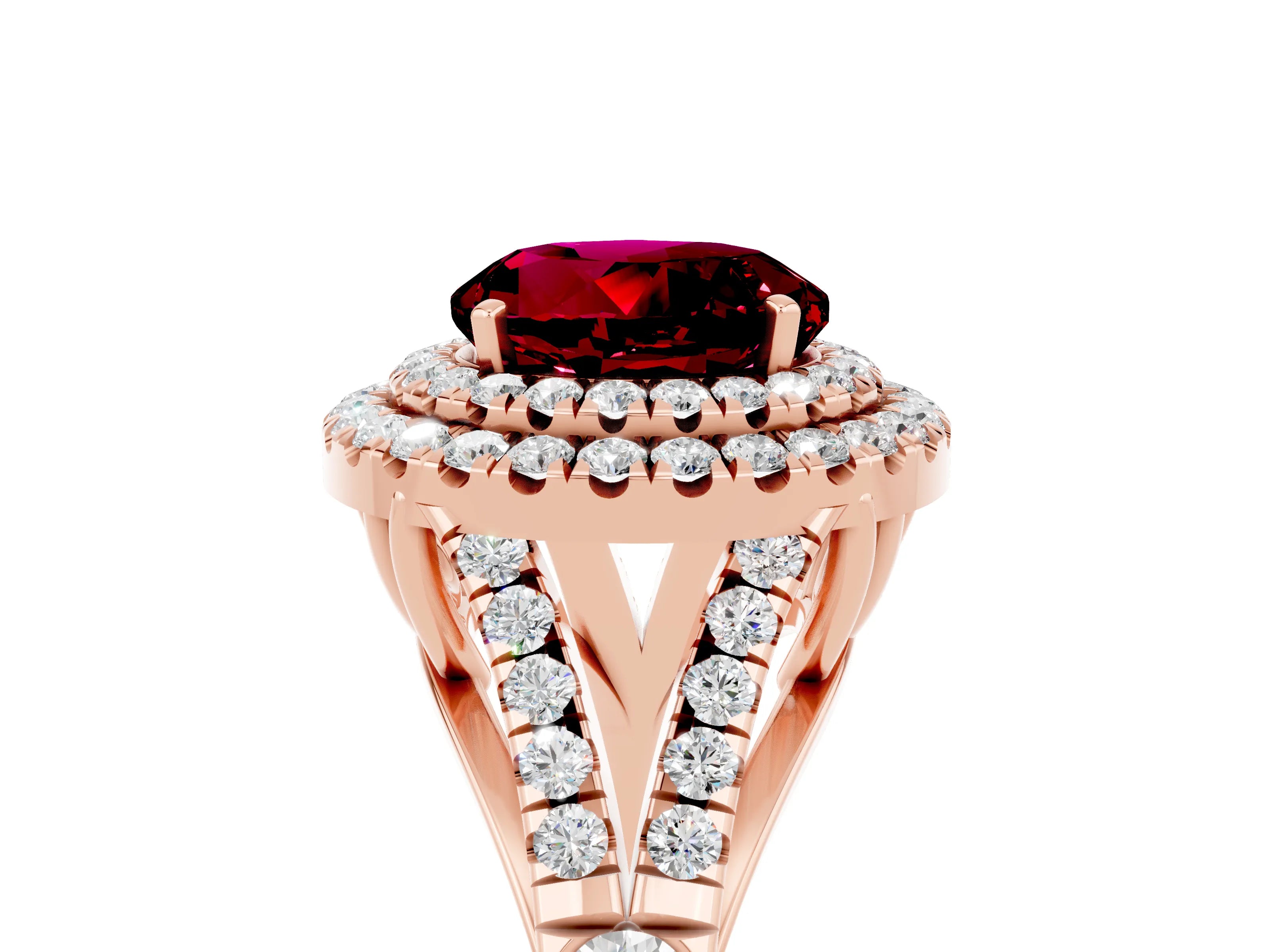 Rose gold Double Halo Round Cut Garnet Pavé Split Shank Ring with Prong Setting_5