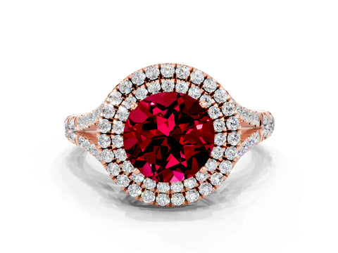 Rose gold Double Halo Round Cut Garnet Pavé Split Shank Ring with Prong Setting