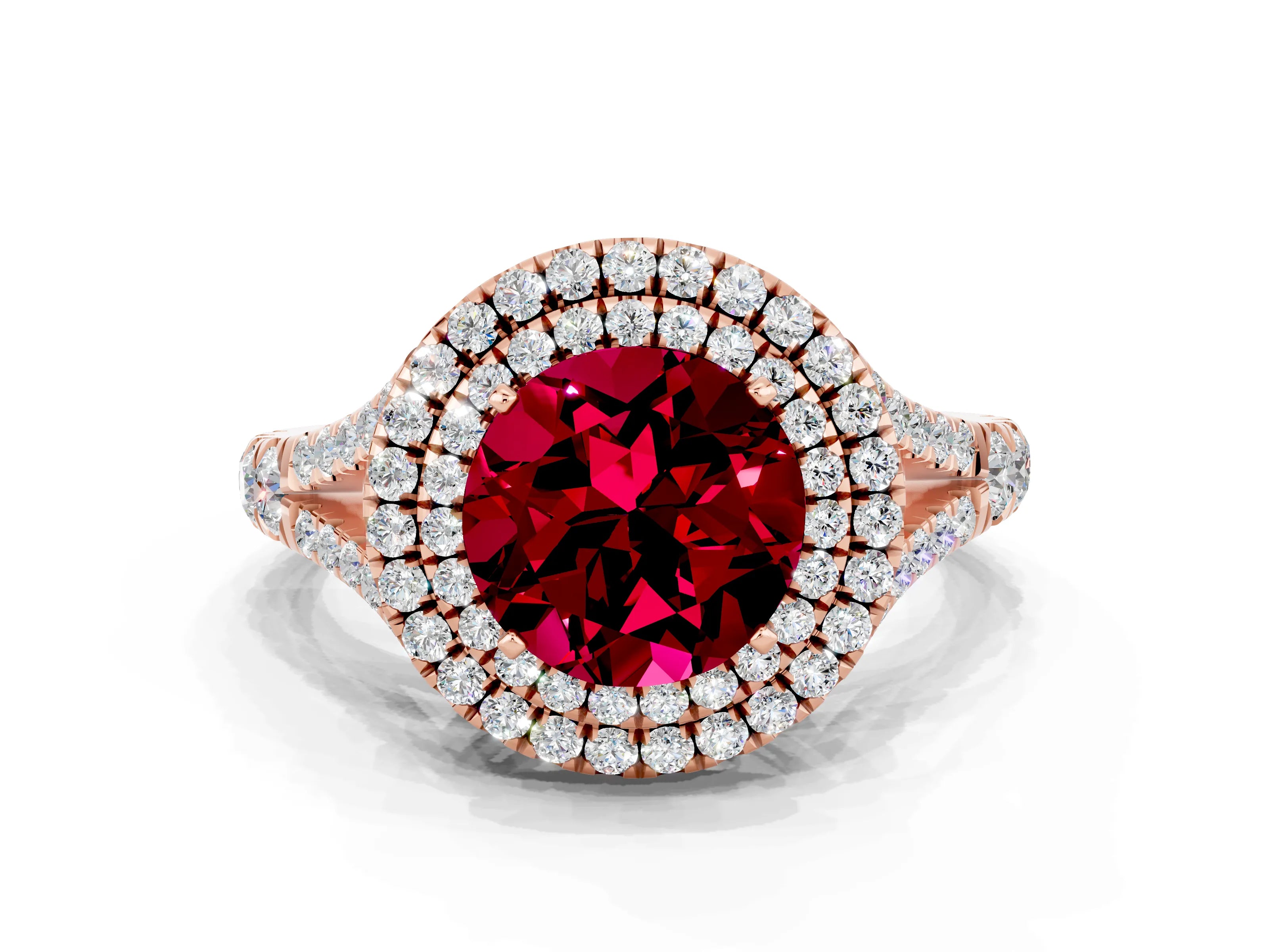 Rose gold Double Halo Round Cut Garnet Split Shank Engagement Ring with Four-Prong Setting
