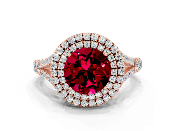 Rose gold Double Halo Round Cut Garnet Split Shank Engagement Ring with Four-Prong Setting