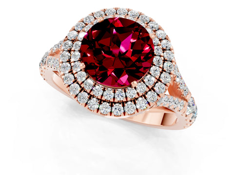 Rose gold Double Halo Round Cut Garnet Split Shank Engagement Ring with Four-Prong Setting_1