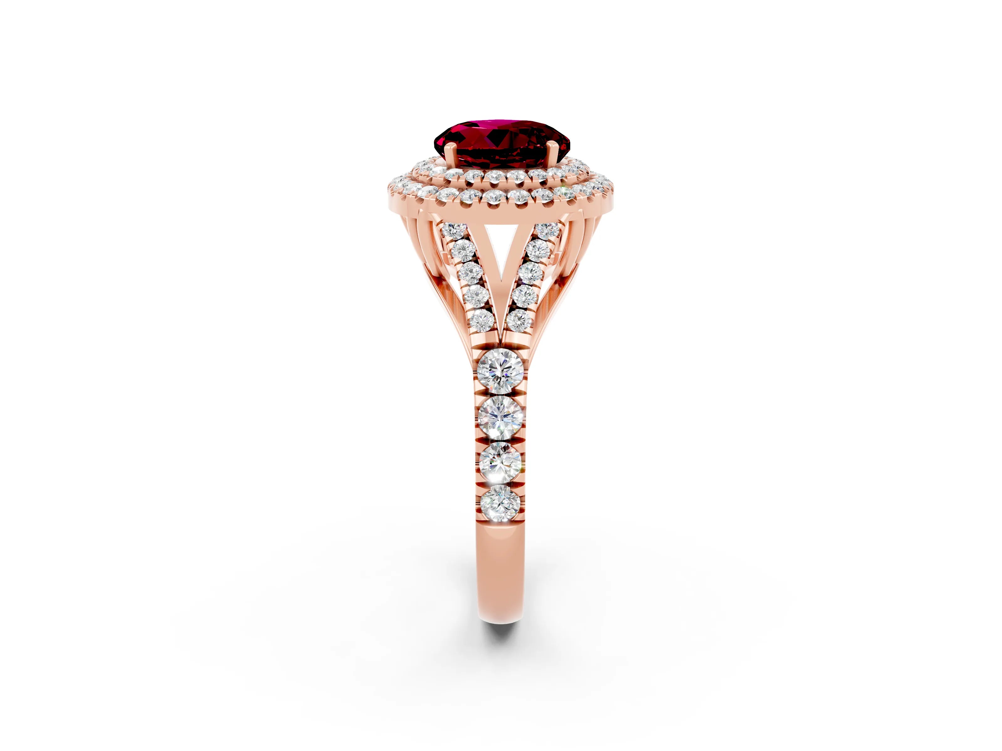 Rose gold Double Halo Round Cut Garnet Split Shank Engagement Ring with Four-Prong Setting_2