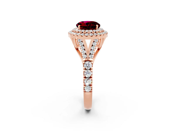 Rose gold Double Halo Round Cut Garnet Split Shank Engagement Ring with Four-Prong Setting