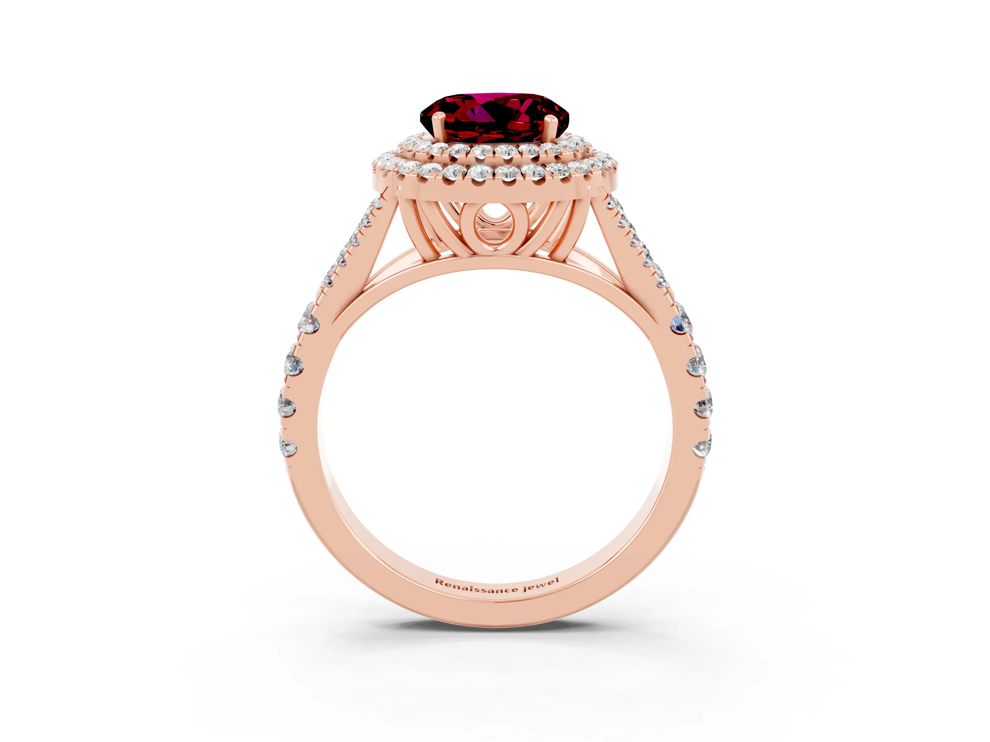 Rose gold Double Halo Round Cut Garnet Split Shank Engagement Ring with Four-Prong Setting_3